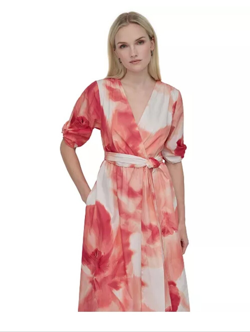 DKNY Petite Watercolor Floral Midi Dress Size 10P Pink Orange 100% Cotton Belted - Picture 2 of 10